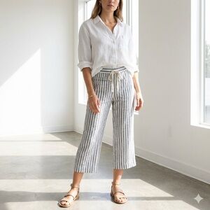 Splendid blue & white striped cotton linen wide leg cropped pants - Large